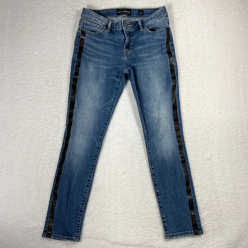 Lucky Brand Jeans Womens 6/28 Blue Lolita Skinny Black Stripes Med Wash Stretch